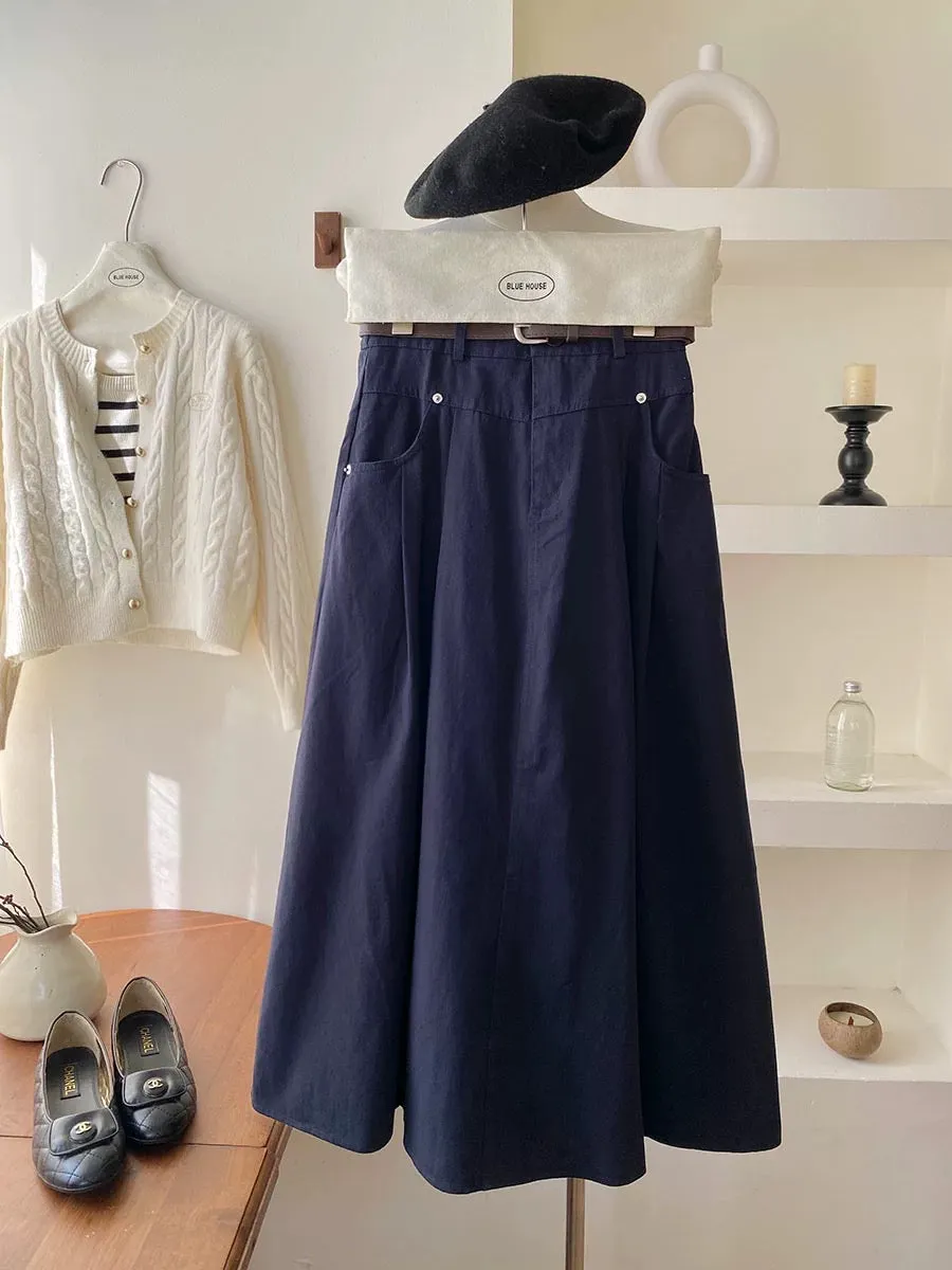 High-end retro high-waisted workwear washed cotton skirt with belt autumn high-waisted A-line hip-covering niche long skirt umbr