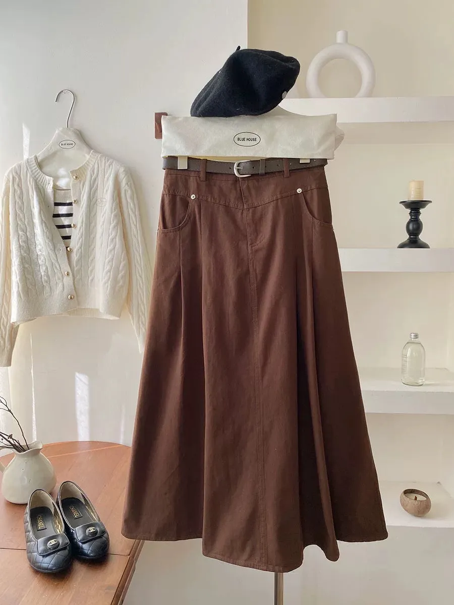 High-end retro high-waisted workwear washed cotton skirt with belt autumn high-waisted A-line hip-covering niche long skirt umbr