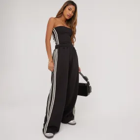 High Waist Contrast Stripe Detail Wide Leg Joggers In Black