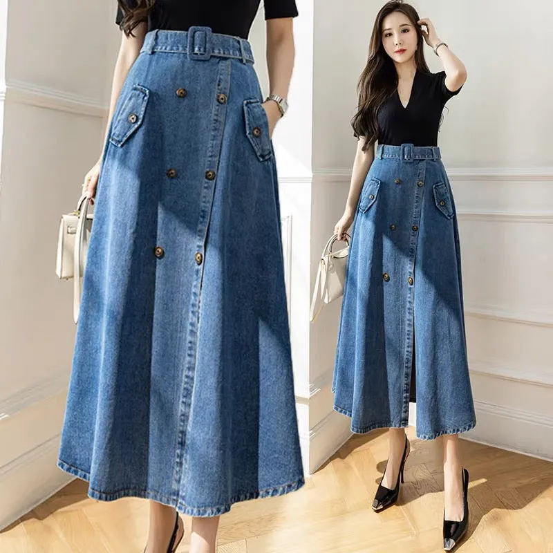 High-waist slit denim skirt for fall and winter with niche design, hip-hugging umbrella skirt, mid-length A-line skirt that reac