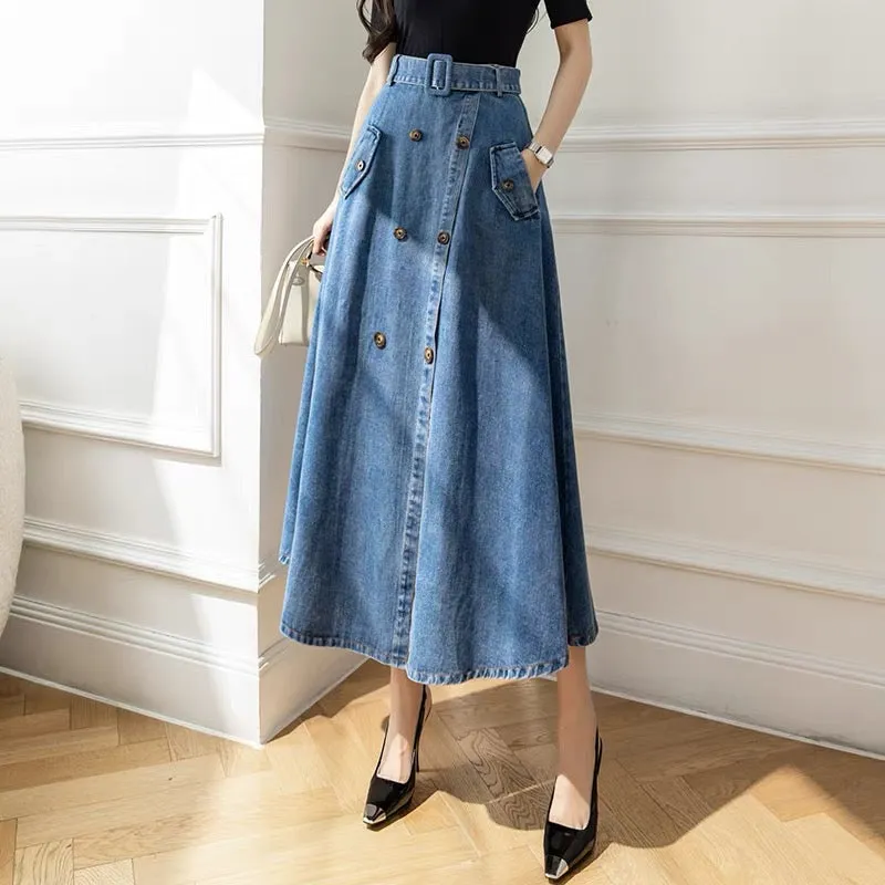 High-waist slit denim skirt for fall and winter with niche design, hip-hugging umbrella skirt, mid-length A-line skirt that reac