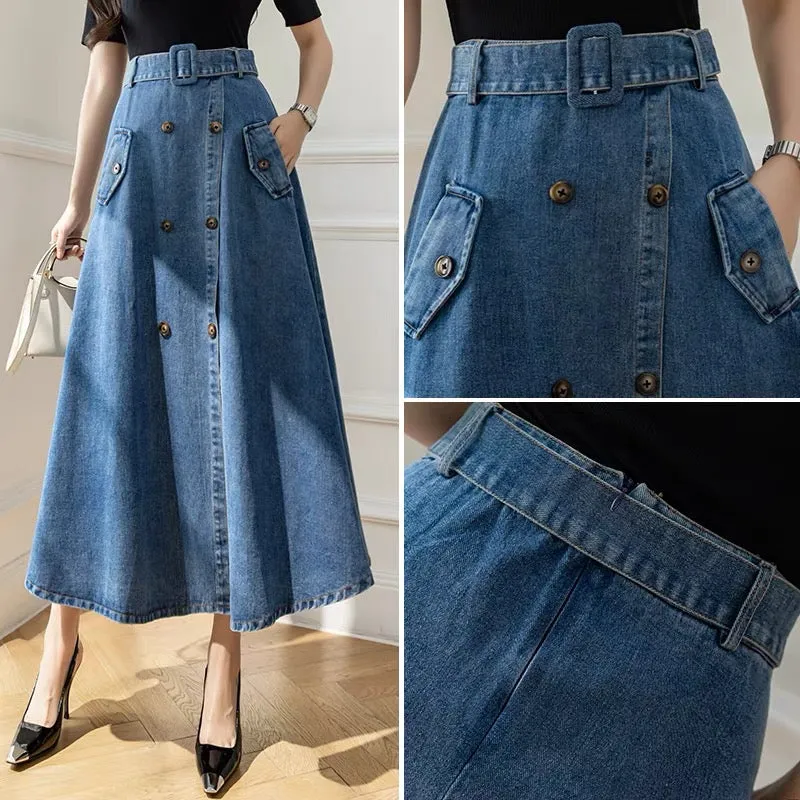 High-waist slit denim skirt for fall and winter with niche design, hip-hugging umbrella skirt, mid-length A-line skirt that reac