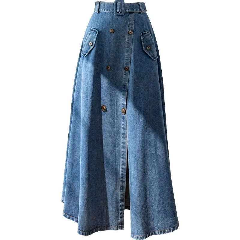 High-waist slit denim skirt for fall and winter with niche design, hip-hugging umbrella skirt, mid-length A-line skirt that reac