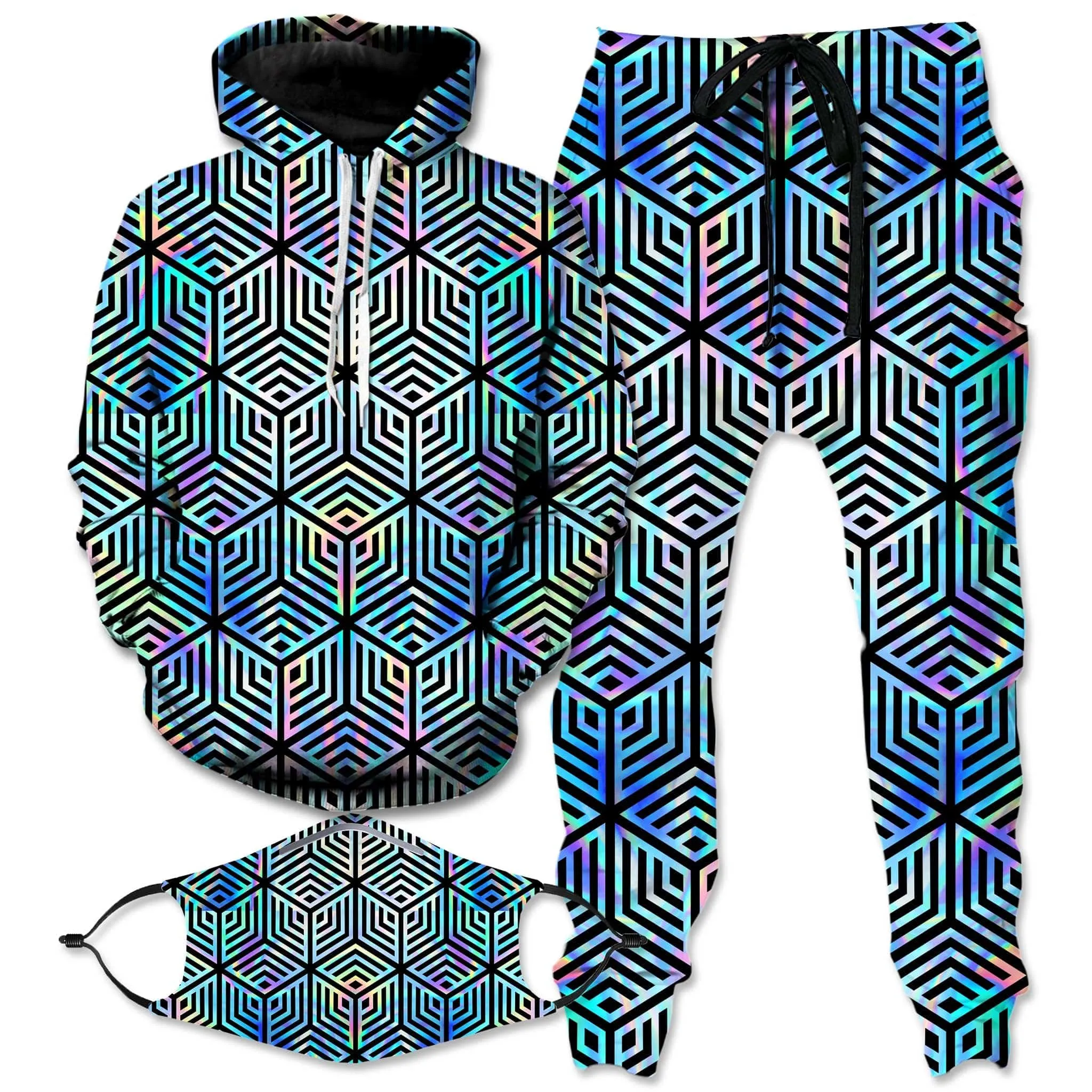 Holographic Hexagon Hoodie and Joggers with PM 2.5 Face Mask Combo