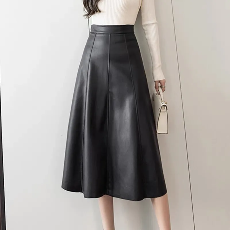 Leather skirt skirt for women 2023 autumn new style hip-hugging skirt high waist large swing umbrella skirt mid-length a-line sl