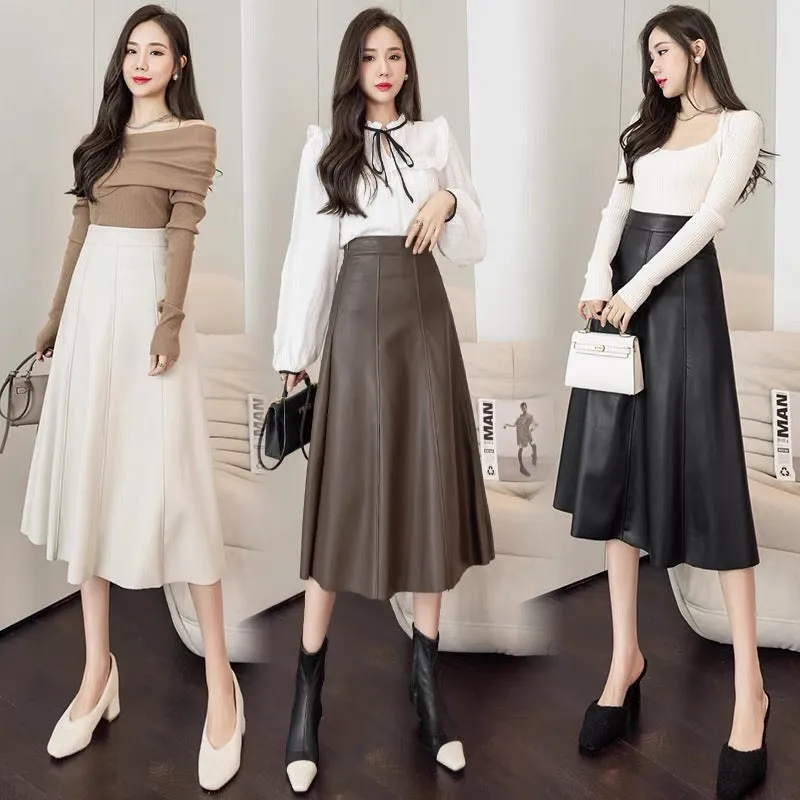 Leather skirt skirt for women 2023 autumn new style hip-hugging skirt high waist large swing umbrella skirt mid-length a-line sl