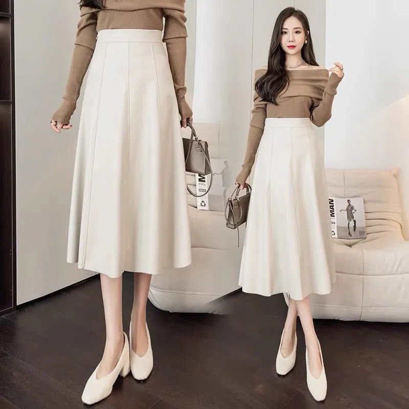 Leather skirt skirt for women 2023 autumn new style hip-hugging skirt high waist large swing umbrella skirt mid-length a-line sl