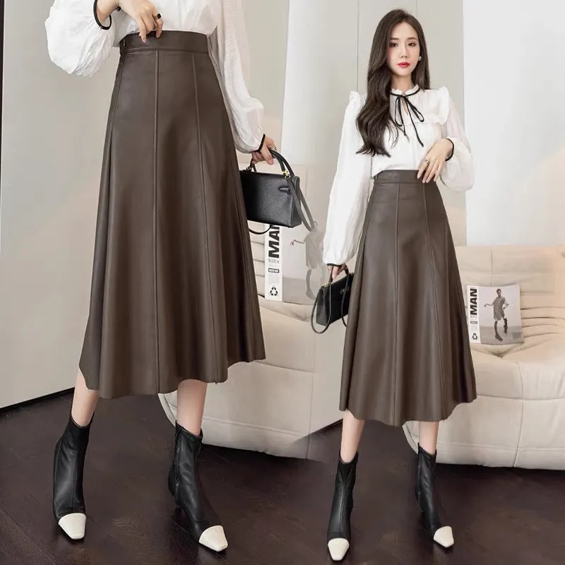 Leather skirt skirt for women 2023 autumn new style hip-hugging skirt high waist large swing umbrella skirt mid-length a-line sl