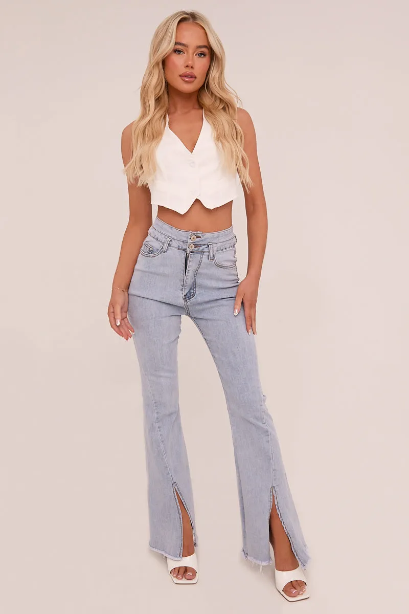 Light Blue Front Slit Flared Leg Jeans - Macie