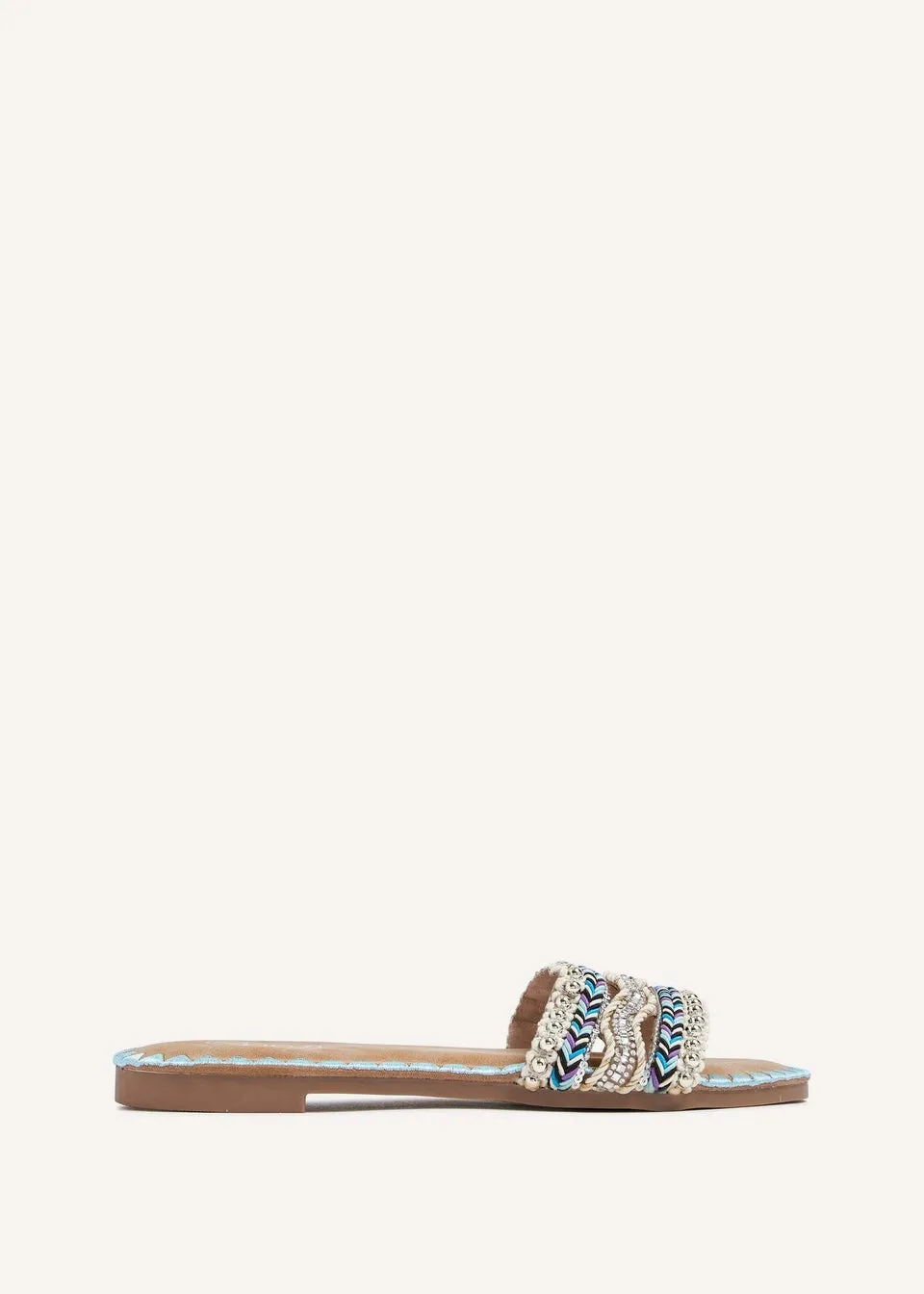 Linzi Maeva Blue Aztec Inspired Embellished Slider Sandals