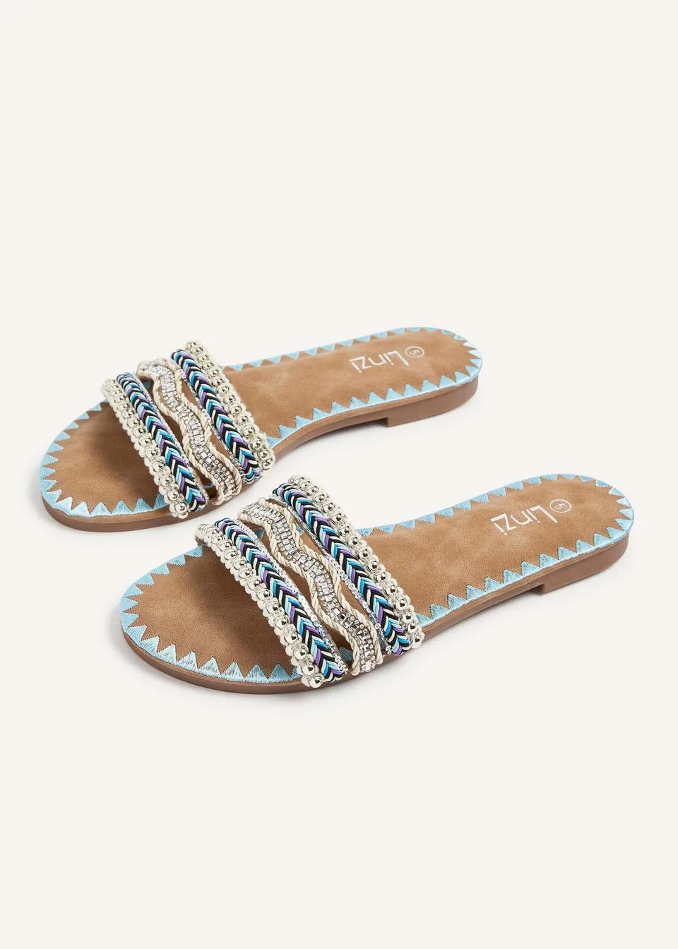 Linzi Maeva Blue Aztec Inspired Embellished Slider Sandals