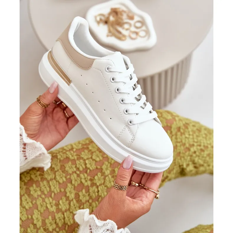 Low Women's Sneakers On The Platform Made Of Eco Leather White And Beige Nevelena