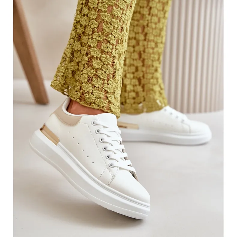 Low Women's Sneakers On The Platform Made Of Eco Leather White And Beige Nevelena