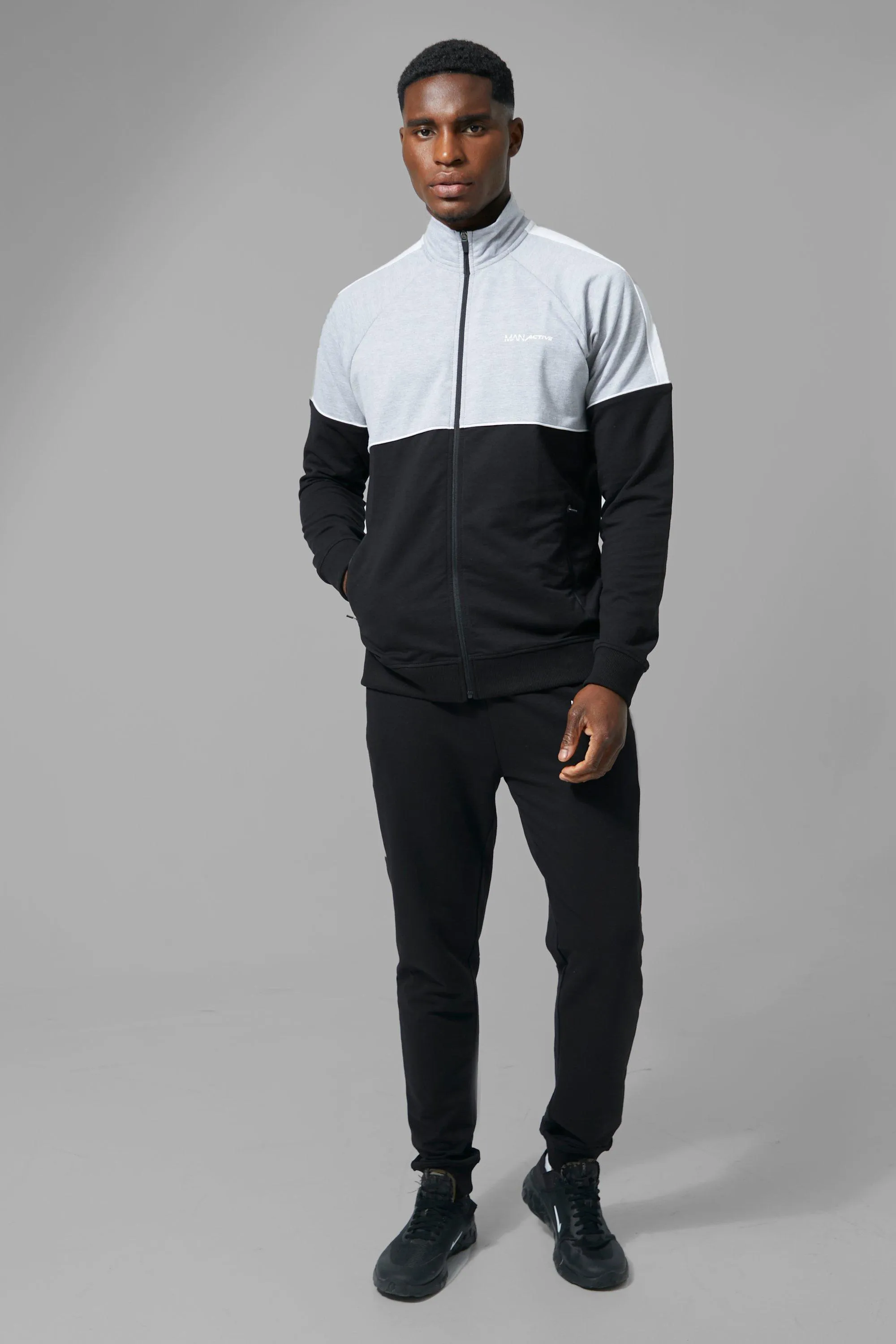 Man Active Colour Block Funnel Neck Tracksuit | boohooMAN UK