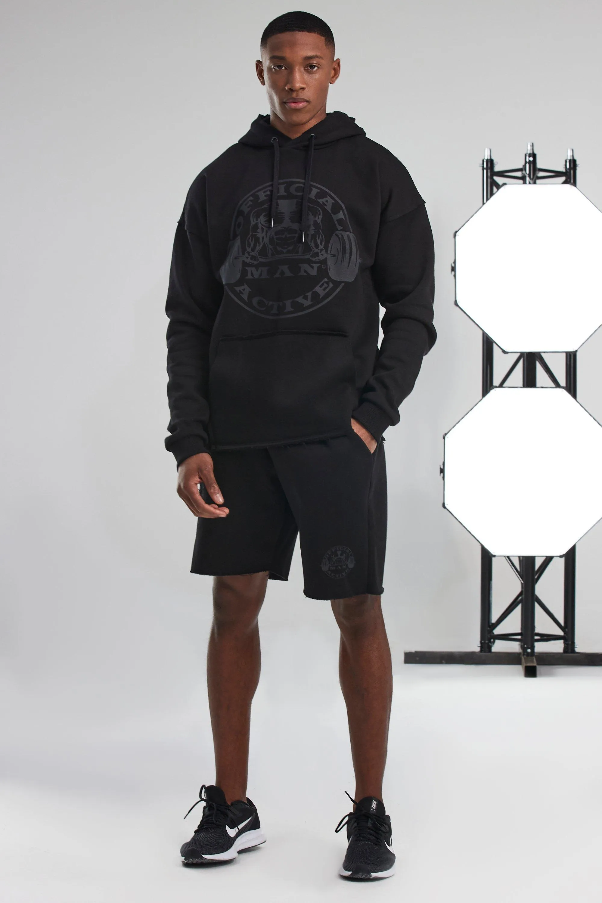 Man Active Hooded Raw Edge Short Tracksuit | boohooMAN UK