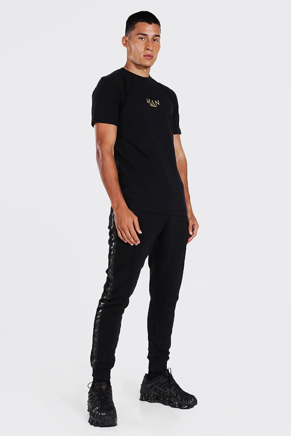 Man Gold Taped T-Shirt And Pintuck Joggers Set | boohooMAN UK