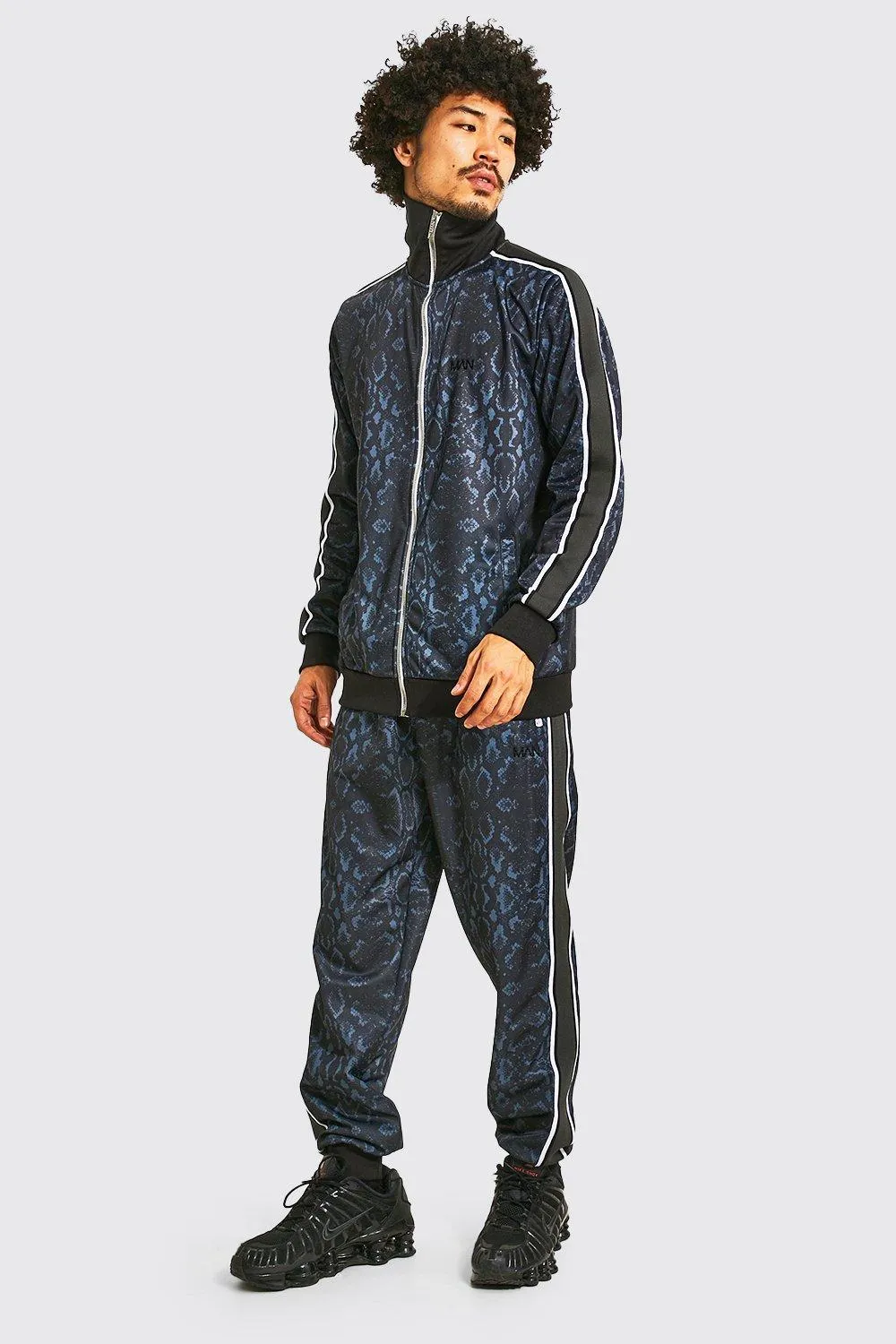 Man Snake Tricot Funnel Zip Tracksuit | boohooMAN UK