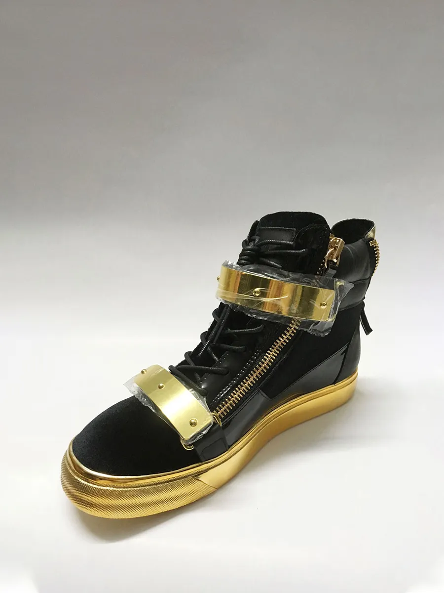 Men's Black High Top Sneakers with Gold Buckle and Zippers