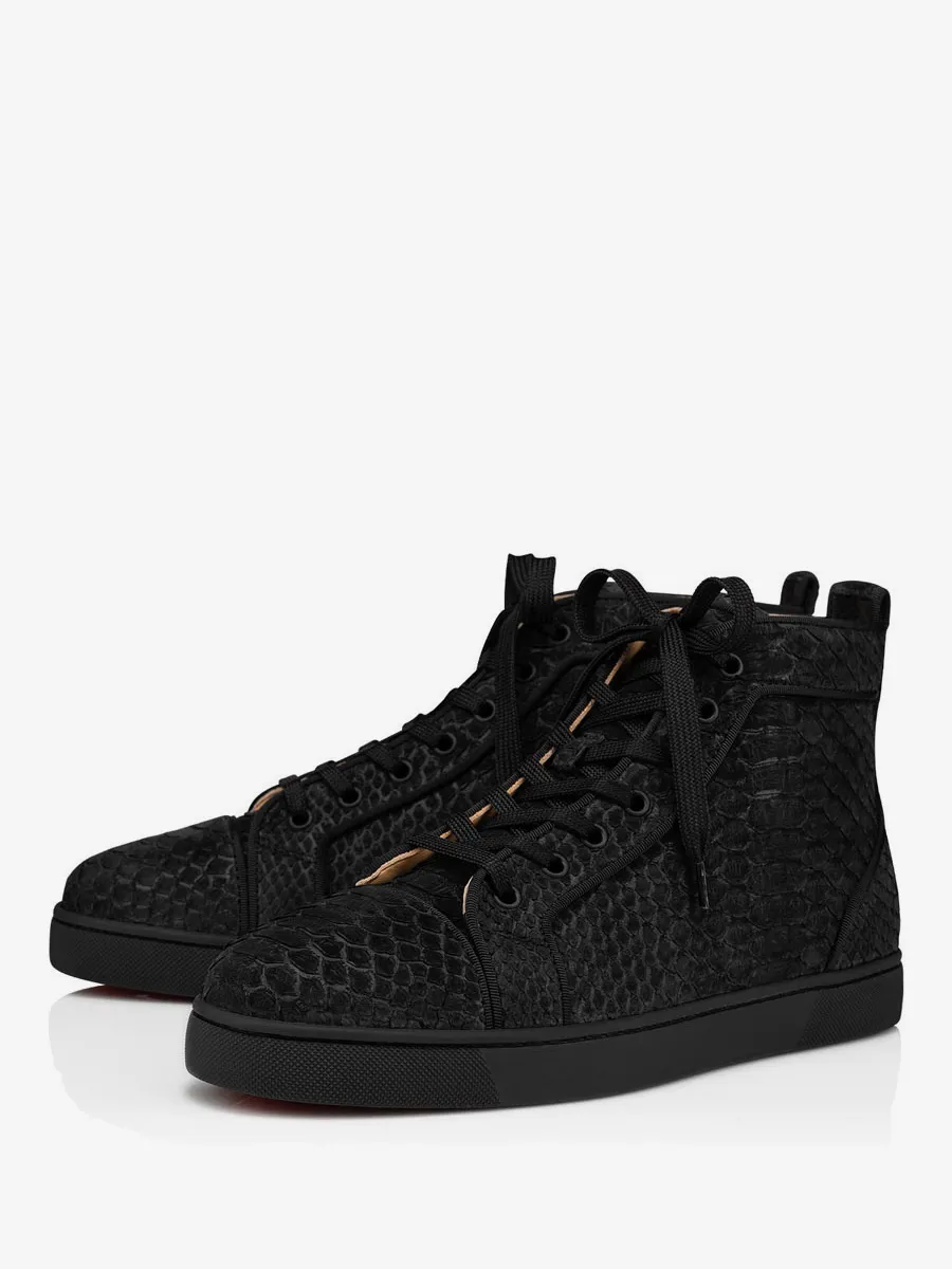 Men's Black Python Snake Print High Top Lace Up Sneakers