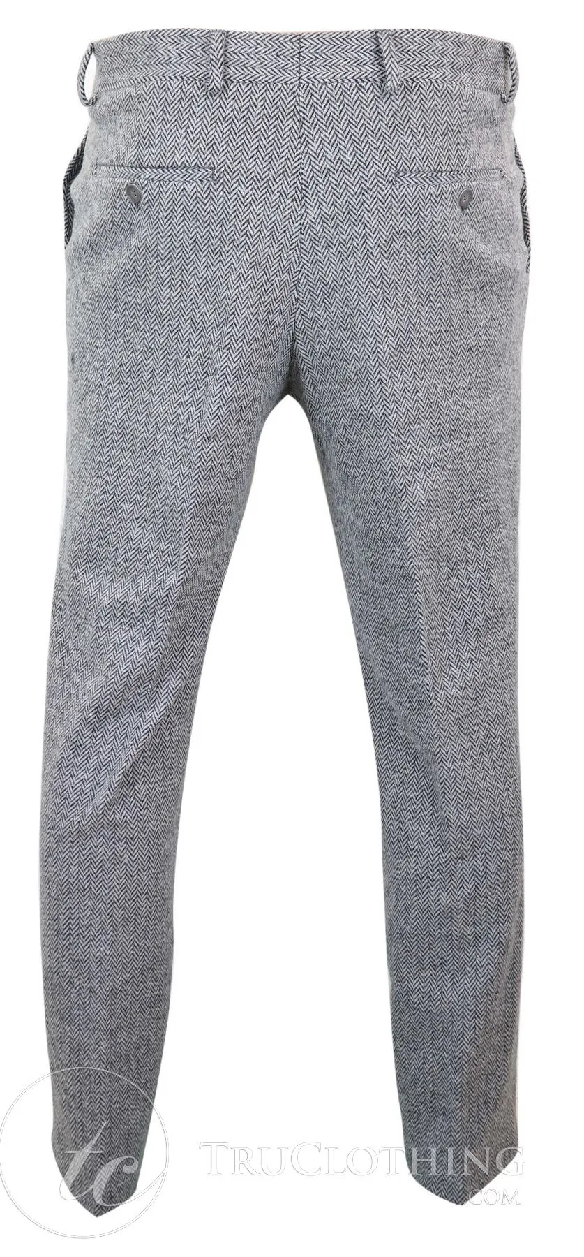 Mens Grey Charcoal Tweed Herringbone Wool Trousers - Grey