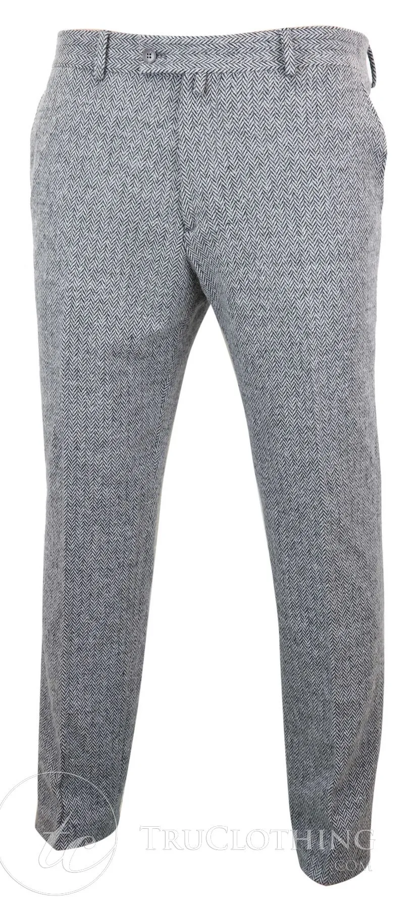 Mens Grey Charcoal Tweed Herringbone Wool Trousers - Grey