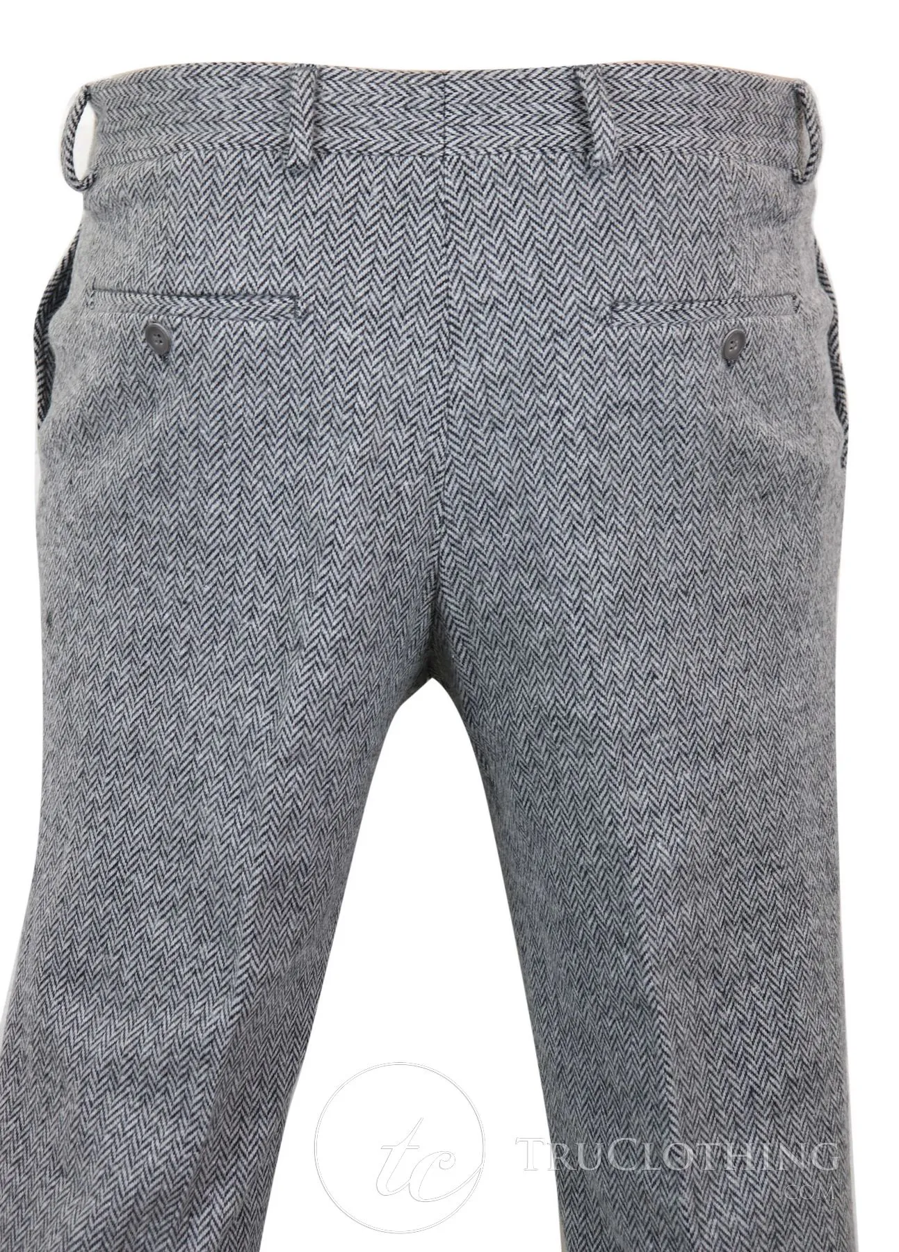 Mens Grey Charcoal Tweed Herringbone Wool Trousers - Grey