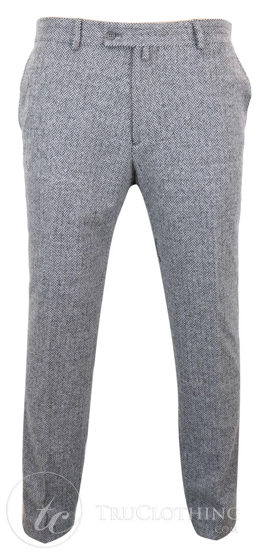 Mens Grey Charcoal Tweed Herringbone Wool Trousers - Grey