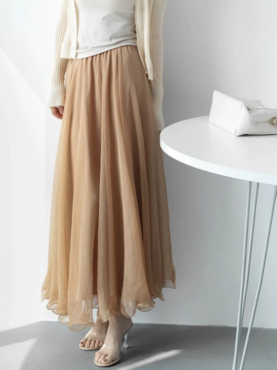 MZOMXO2024 new atmospheric large-swing A-line gauze skirt for women, elegant and slim, high-waisted long umbrella skirt