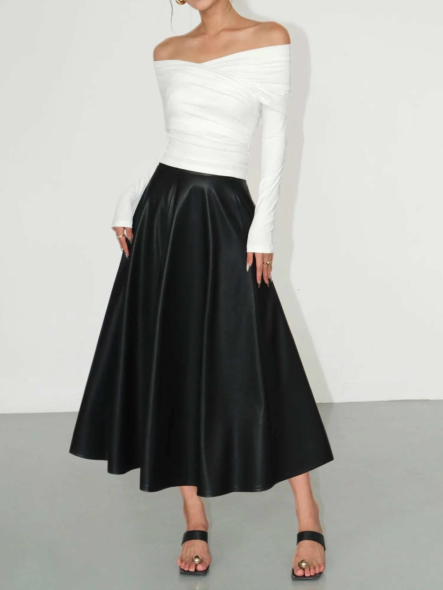 NEVA HU black PU leather skirt for women 2024 new high-waisted slim a-line umbrella skirt mid-length skirt