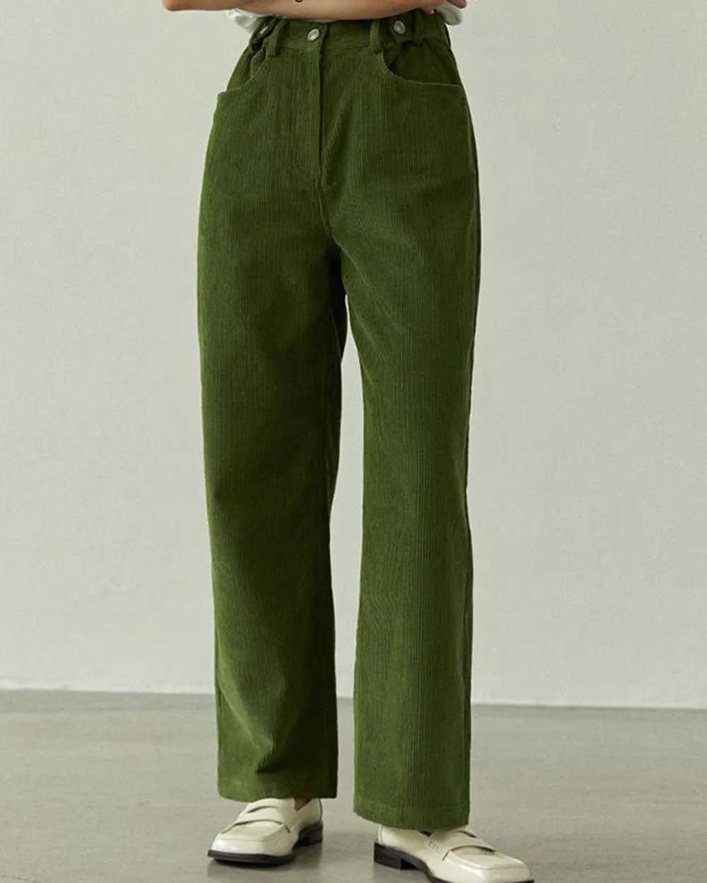 Olive Green Wide-Leg Cord Trousers