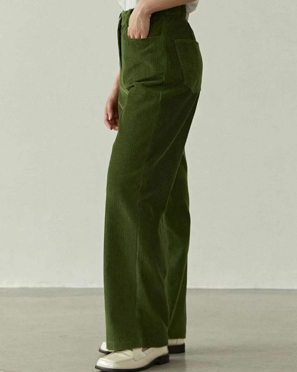 Olive Green Wide-Leg Cord Trousers