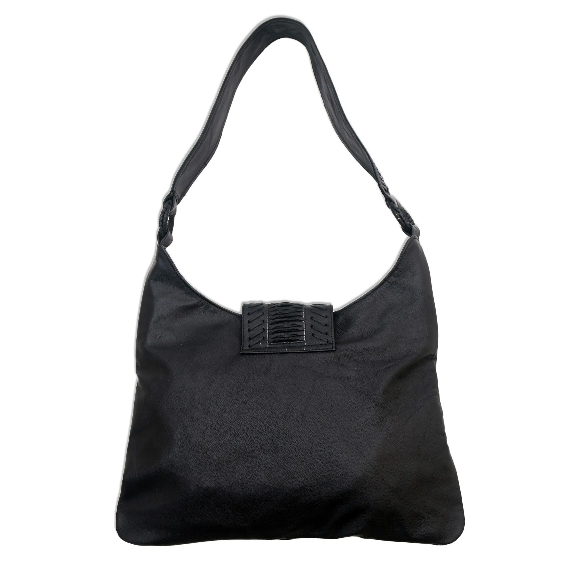 Onyx Anyaman Patterned Leather Hobo Handbag in Onyx from Bali