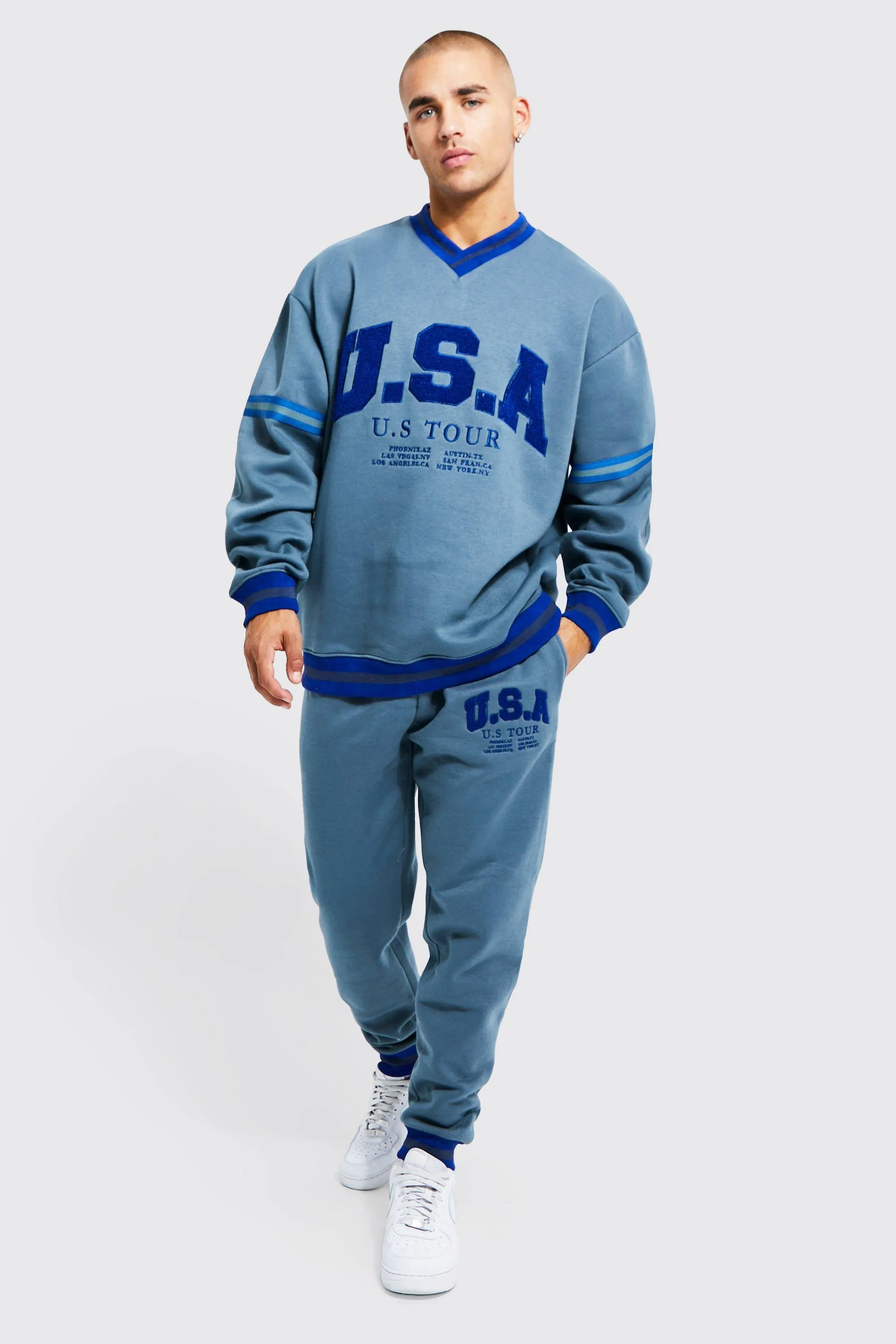 Oversized Usa V-neck Sweatshirt Tracksuit | boohooMAN UK