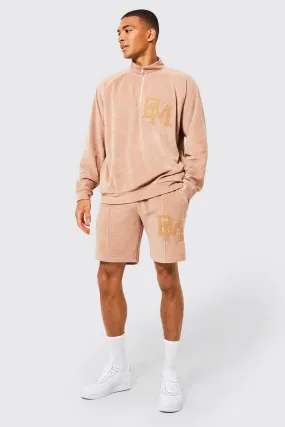 Oversized Velour Bm Half Zip Short Tracksuit | boohooMAN UK