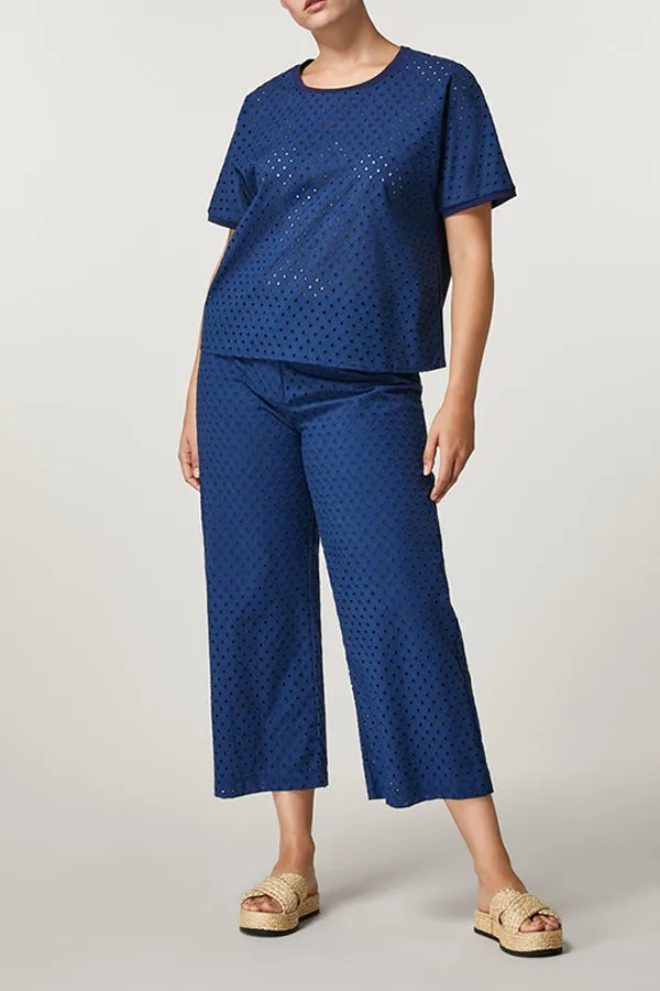 Persona (by Marina Rinaldi) QUERCIA BLUE EYELET EMBROIDERY COTTON TROUSERS