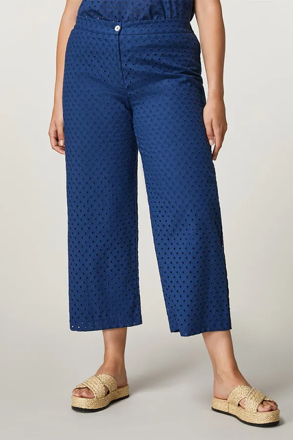 Persona (by Marina Rinaldi) QUERCIA BLUE EYELET EMBROIDERY COTTON TROUSERS