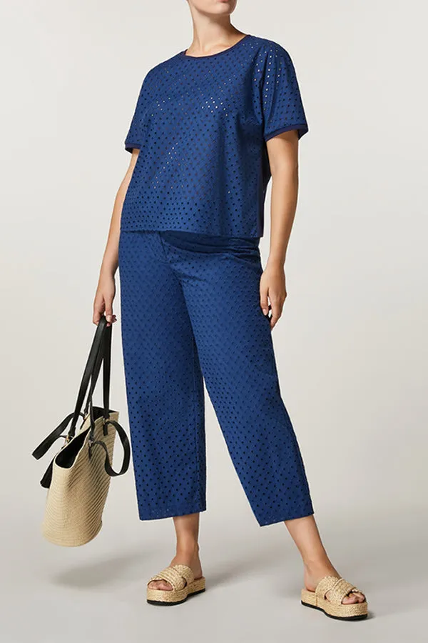 Persona (by Marina Rinaldi) QUERCIA BLUE EYELET EMBROIDERY COTTON TROUSERS