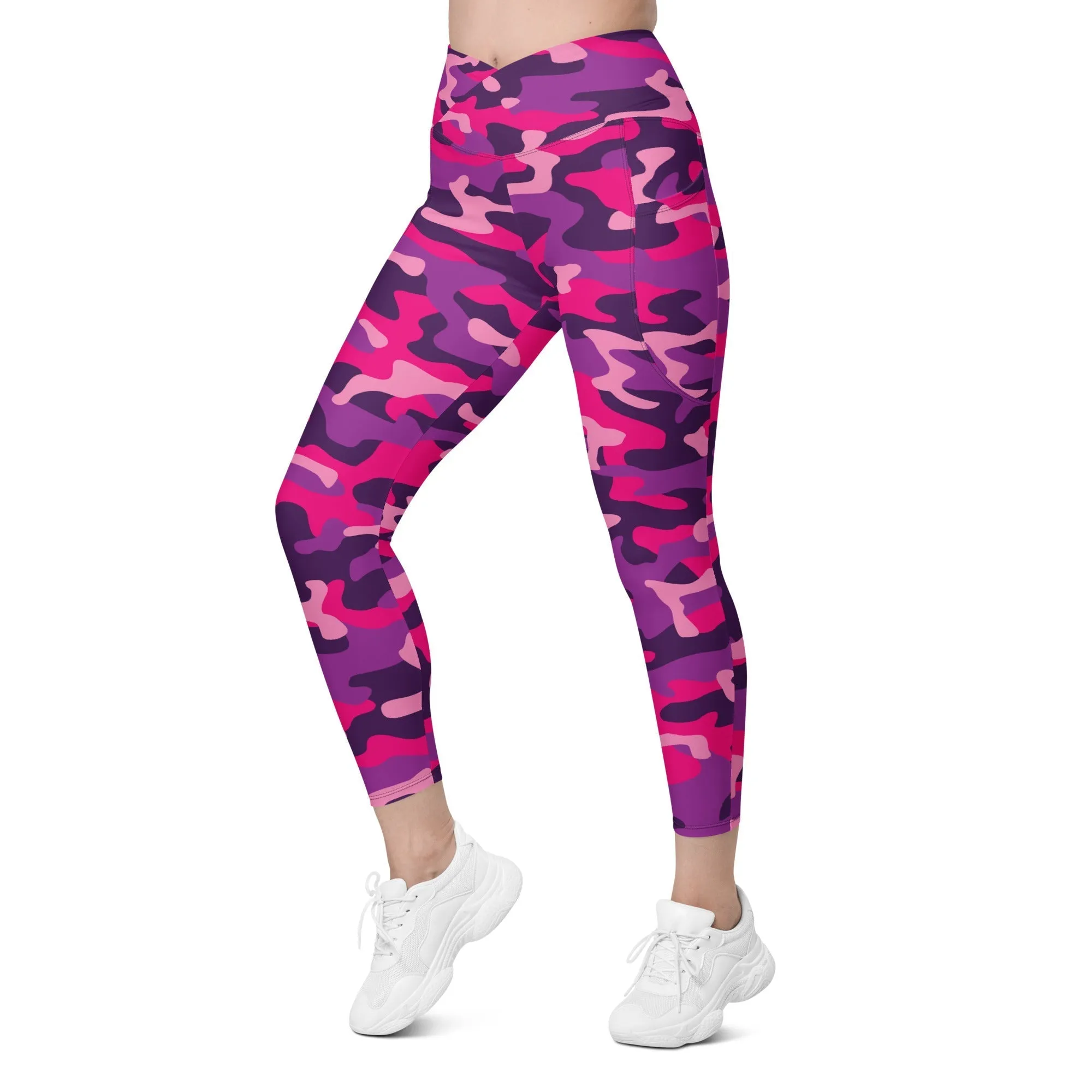 Pink & Purple Camo Crossover Leggings With Pockets