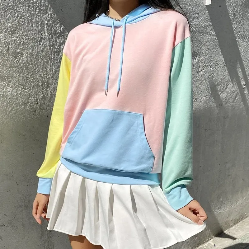 Pink Blue Pastel Color Drawstring Hooded Hoodie Sweatshirt