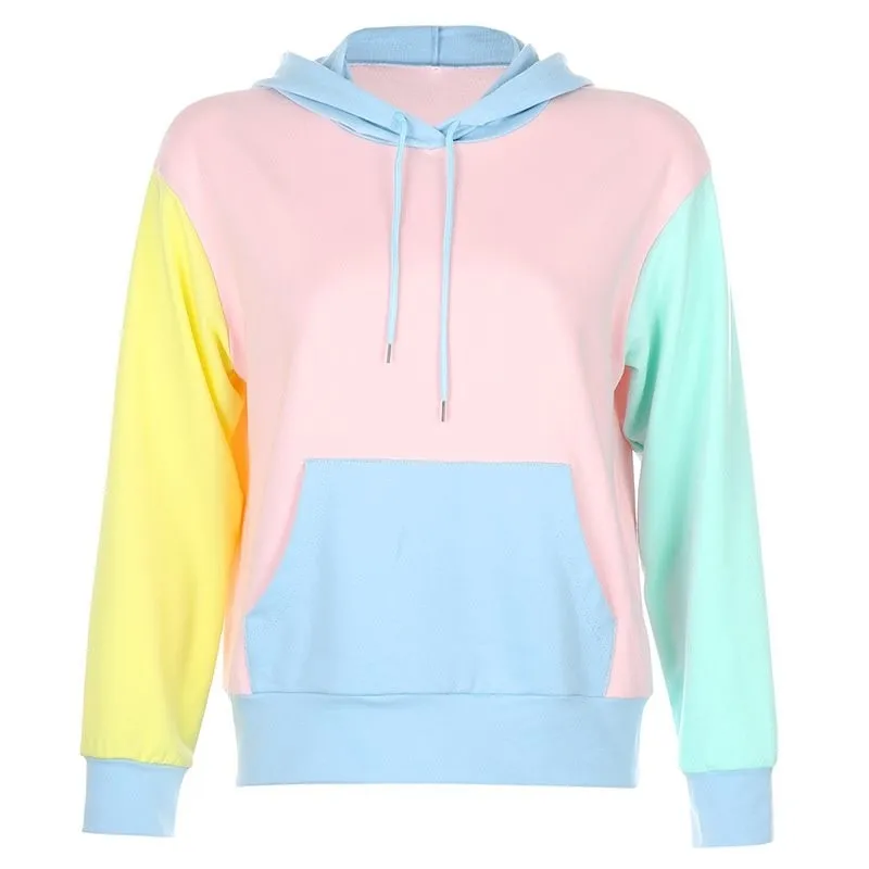 Pink Blue Pastel Color Drawstring Hooded Hoodie Sweatshirt