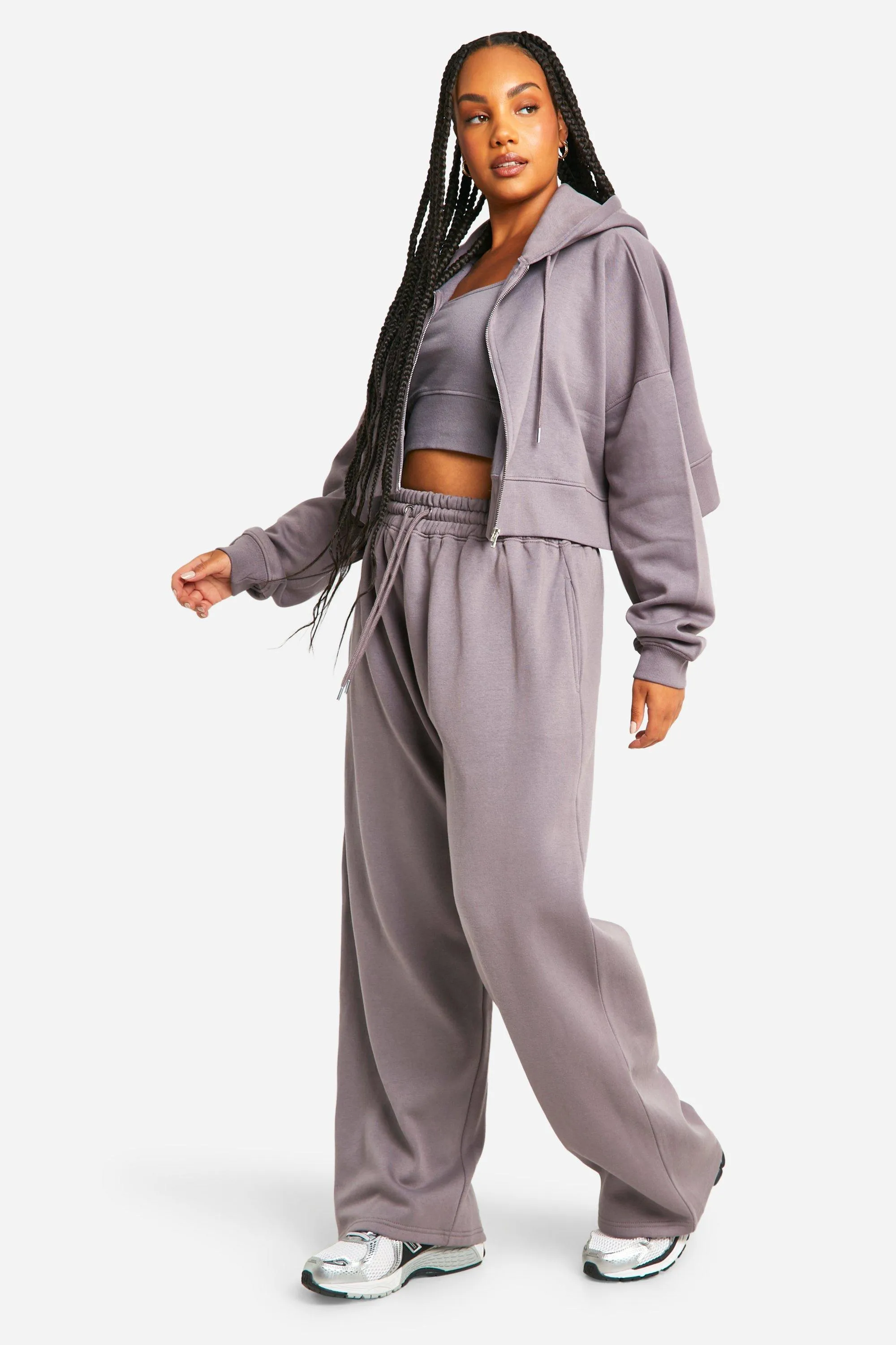 Plus Deep Hem Crop Top 3 Piece Hooded Tracksuit