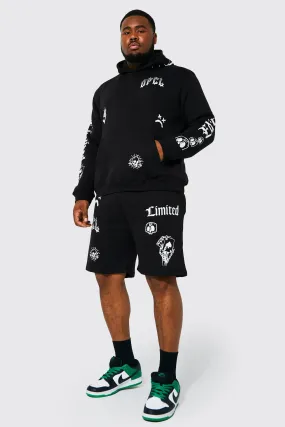 Plus Graffiti Doodle Hooded Short Tracksuit | boohooMAN UK