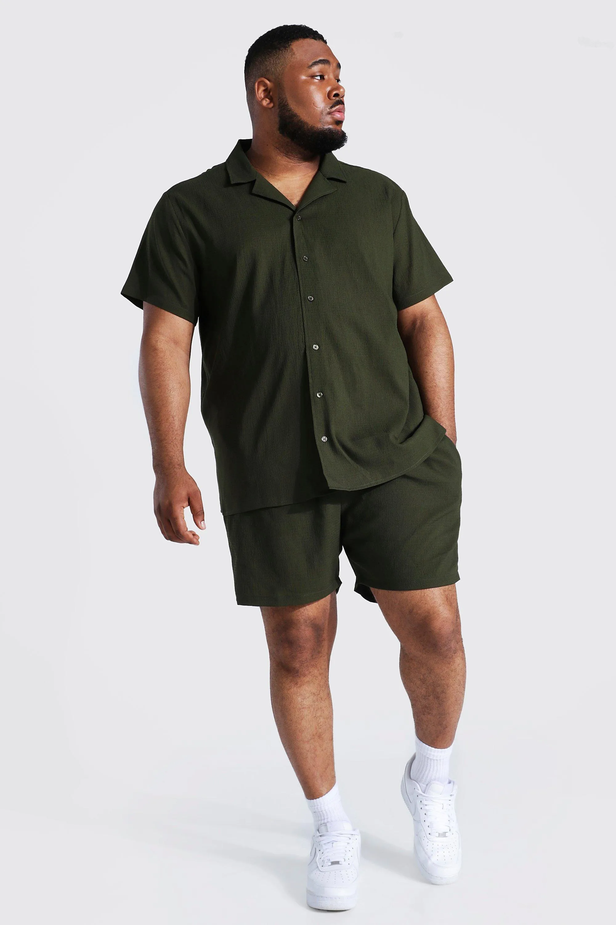 Plus Short Sleeve Textured Shirt And Short | boohooMAN UK