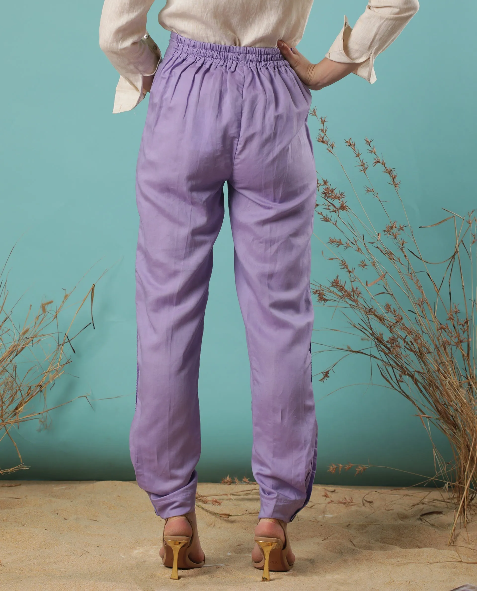 Rareism Women Erin Pastel Purple Modal Linen Fabric Tailored Fit Plain Ankle Length Trousers