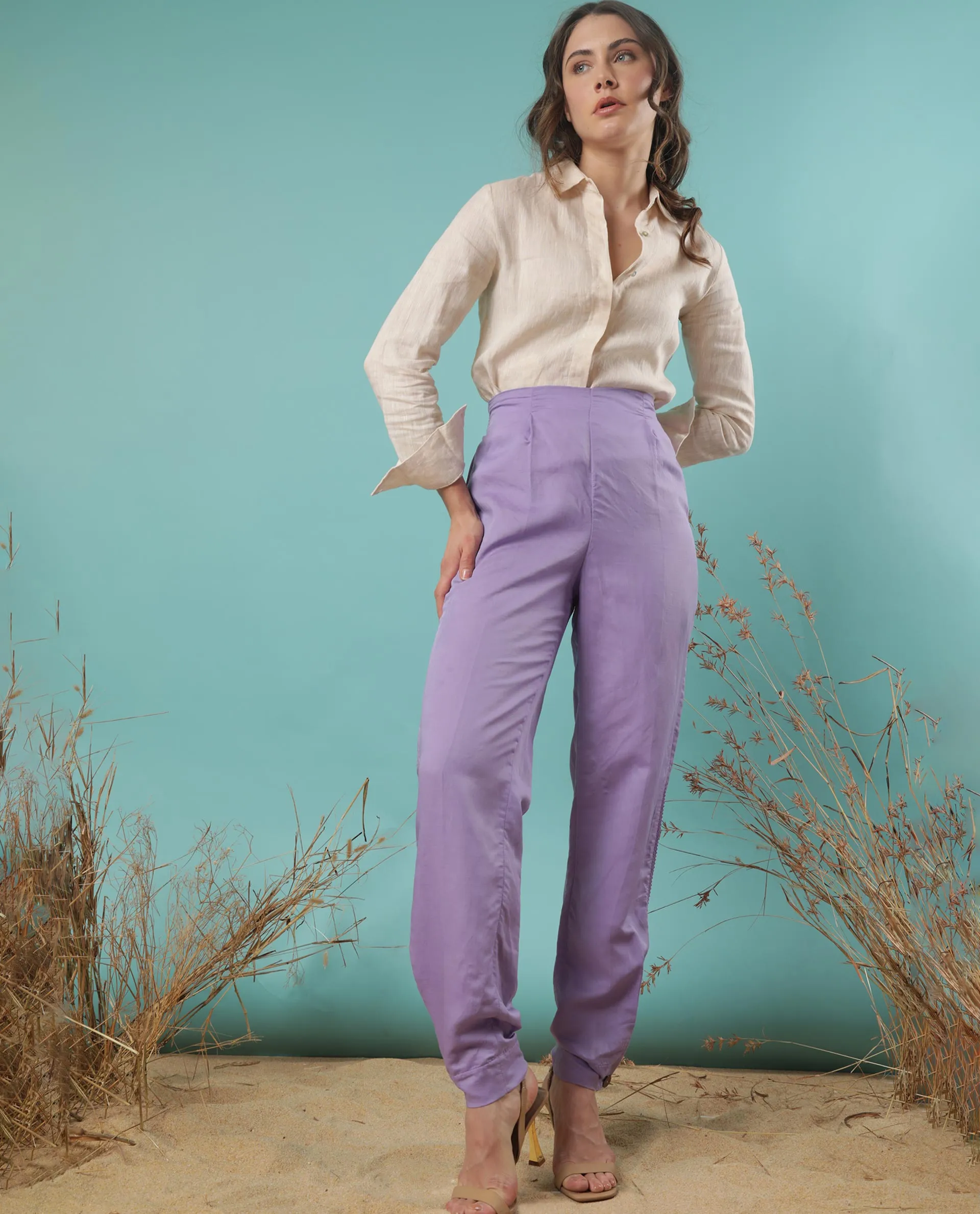 Rareism Women Erin Pastel Purple Modal Linen Fabric Tailored Fit Plain Ankle Length Trousers