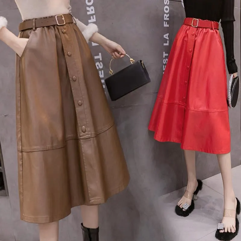 Red leather skirt 2023 new fashion large swing umbrella skirt autumn and winter skirt women's mid-length high-waisted a-line lon