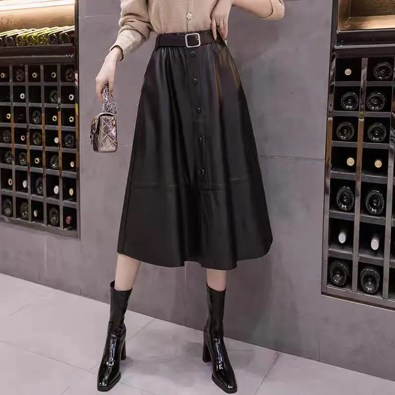 Red leather skirt 2023 new fashion large swing umbrella skirt autumn and winter skirt women's mid-length high-waisted a-line lon