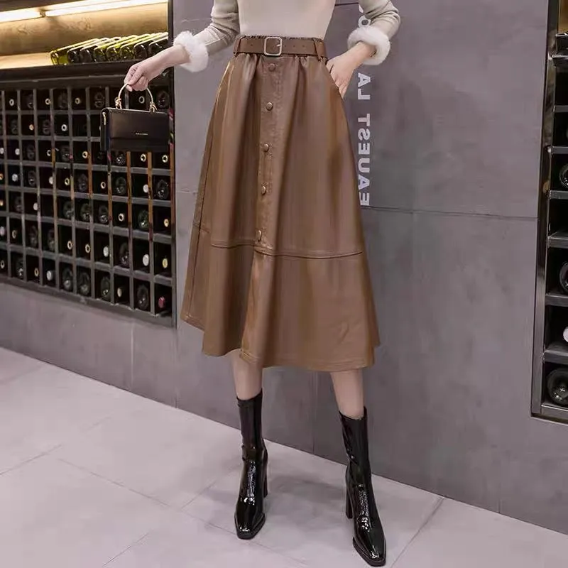 Red leather skirt 2023 new fashion large swing umbrella skirt autumn and winter skirt women's mid-length high-waisted a-line lon