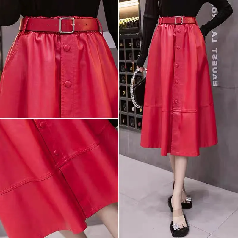 Red leather skirt 2023 new fashion large swing umbrella skirt autumn and winter skirt women's mid-length high-waisted a-line lon