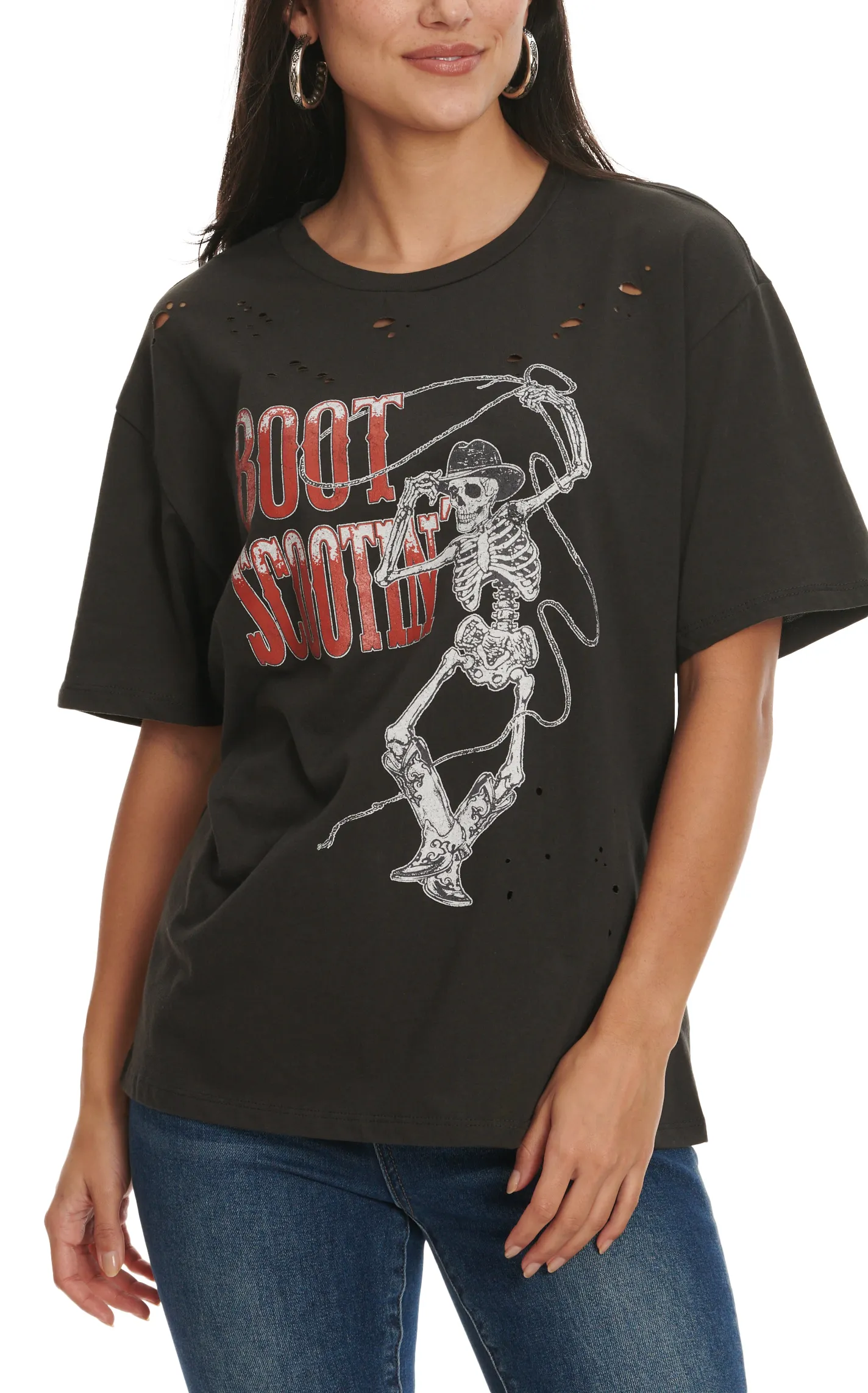 Refined Canvas Women's Distressed Black Boot Scootin' Skeleton Cowboy Graphic Short Sleeve T-Shirt